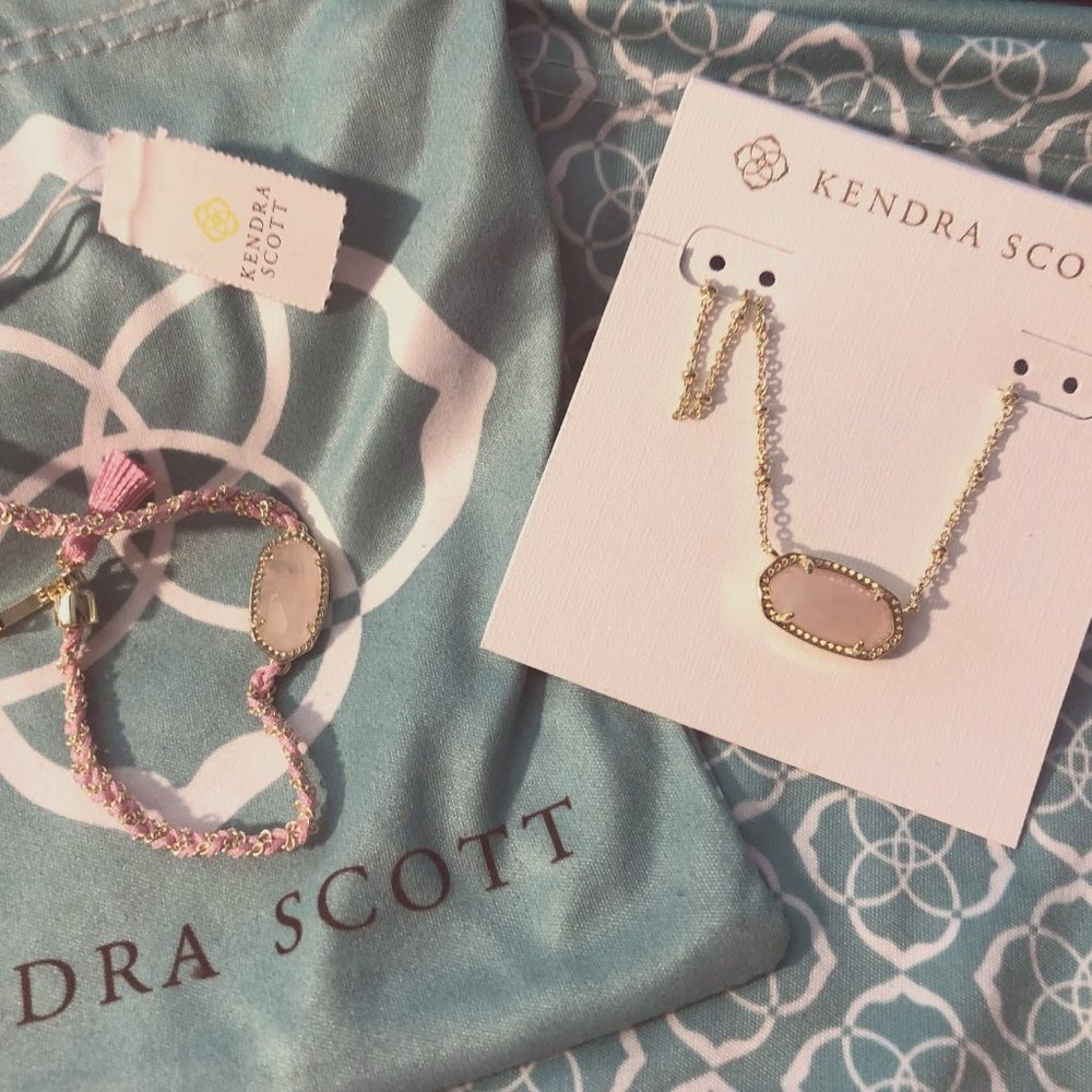 Kendra Scott Set Gold Elisa Pendant Necklace & Elaina Bracelet, Rose Quartz